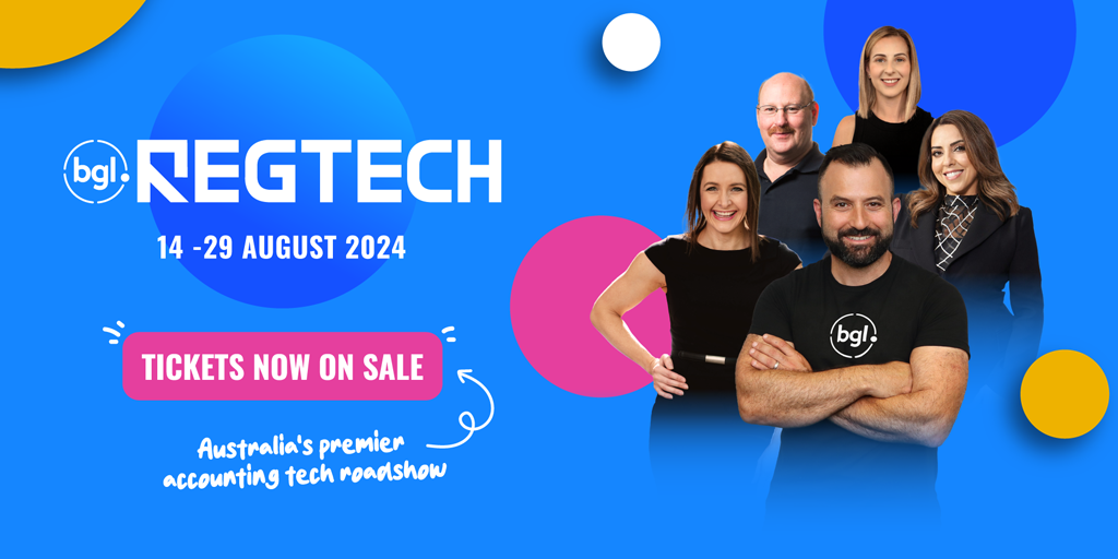 The image contains text regarding the dates, ticket availability and speakers for the event BGL REGTECH 2024.